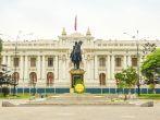 LIMA, PERU, MAY 24, 2014: Congress Palace of the Republic of Peru. The statue shows the liberator Simon Bolivar on his horse.