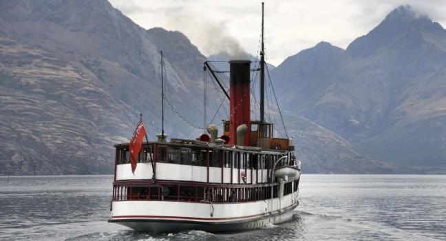 Vintage twin screw steamer - symbol of Lake Wakatipu and Queenstown in New Zealand. Rainy weather 