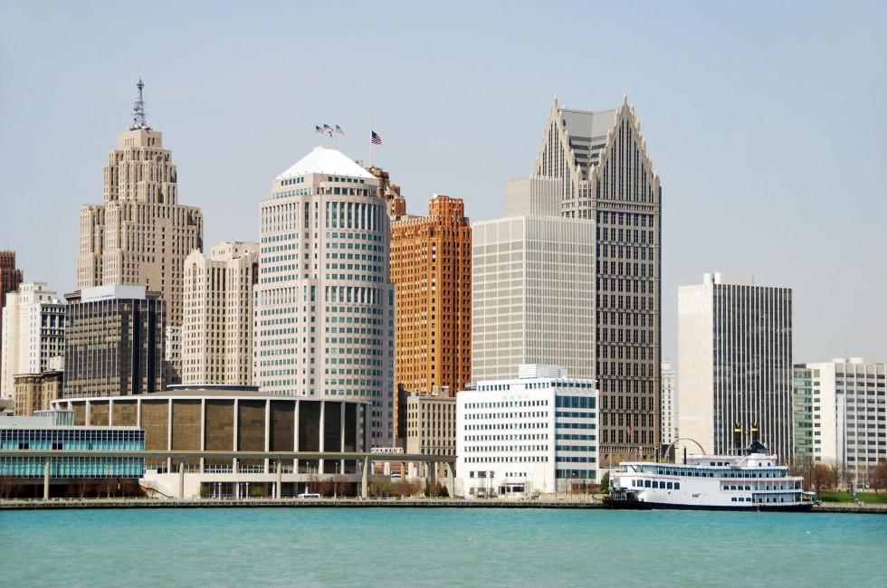 Waterfront and downtown Detroit, Michigan, general urban view.