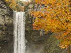 A vignette of Autumn color surrounds the top half of Taughannock Falls in Taughannock Falls State Park, NY
