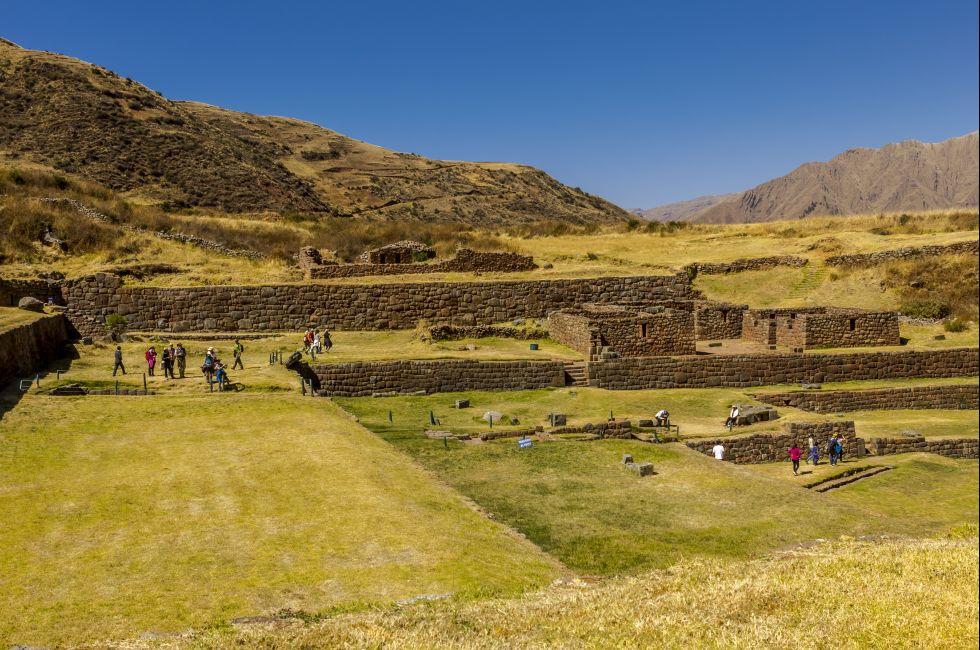 tourists at Tipon, Inca ruins at Cuzco Peru