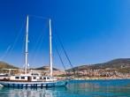 Yacht in a sea by Mediterranean beach. Samos Island, Greece; 