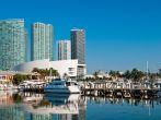 View of the Marina in Miami Bayside with modern buildings and skyline in the background
